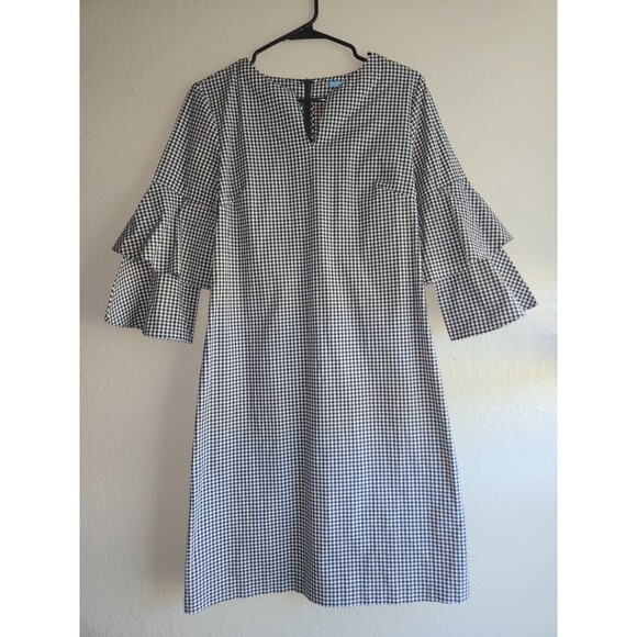 J. McLaughlin Dresses & Skirts - J.McLaughlin Women's Small Gingham Shift Dress Bell Tiered Sleeve Navy White S